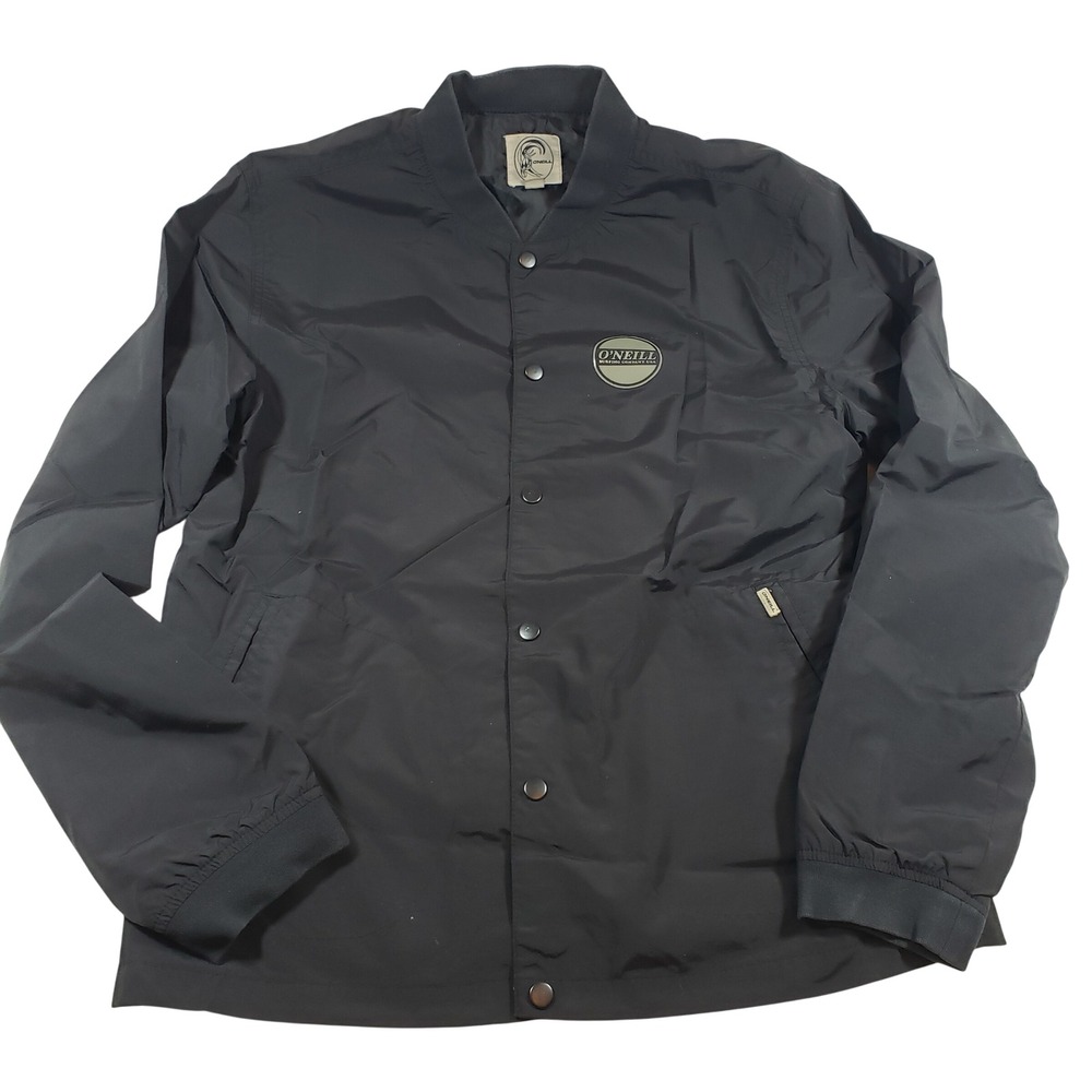 O Neill Surfing Company USA Black Bomber Jacket Mens Size L Snap Front Logo - Picture 1 of 7